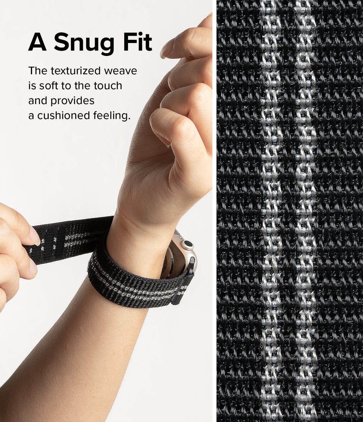 Apple Watch 42·41·40·38 mm | Sports Air Loop - Hands adjusting a black, textured woven watch band with silver stripes.