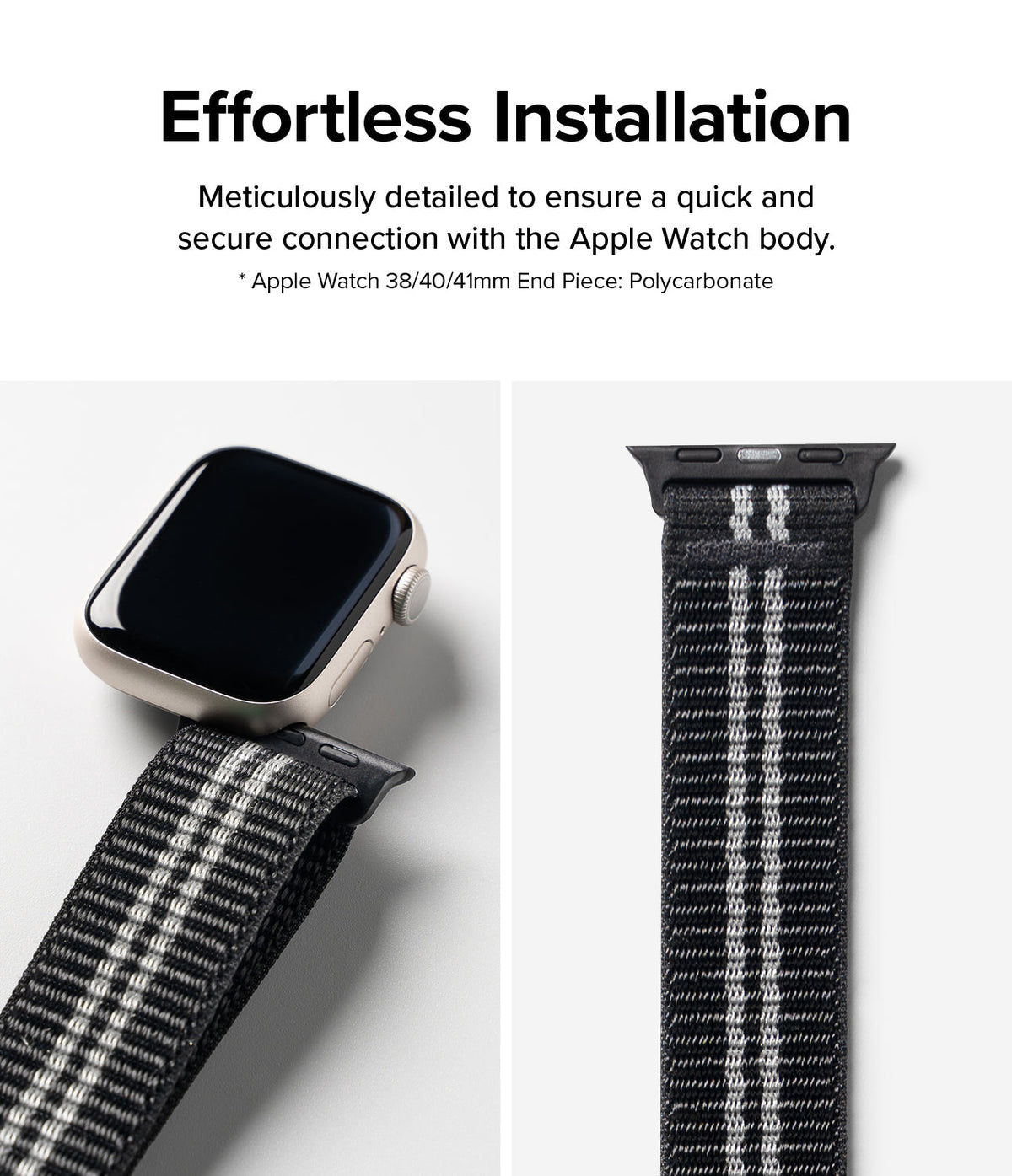 Apple Watch 42·41·40·38 mm | Sports Air Loop - Black woven watch band with white stripes attached to an Apple Watch.