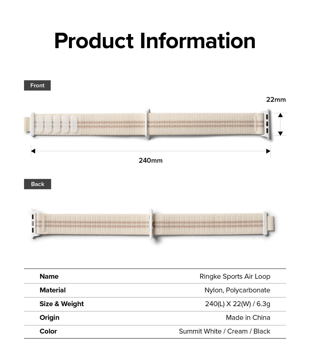 Apple Watch 42·41·40·38 mm | Sports Air Loop - Technical diagram showing dimensions and specs of a cream nylon watch band.
