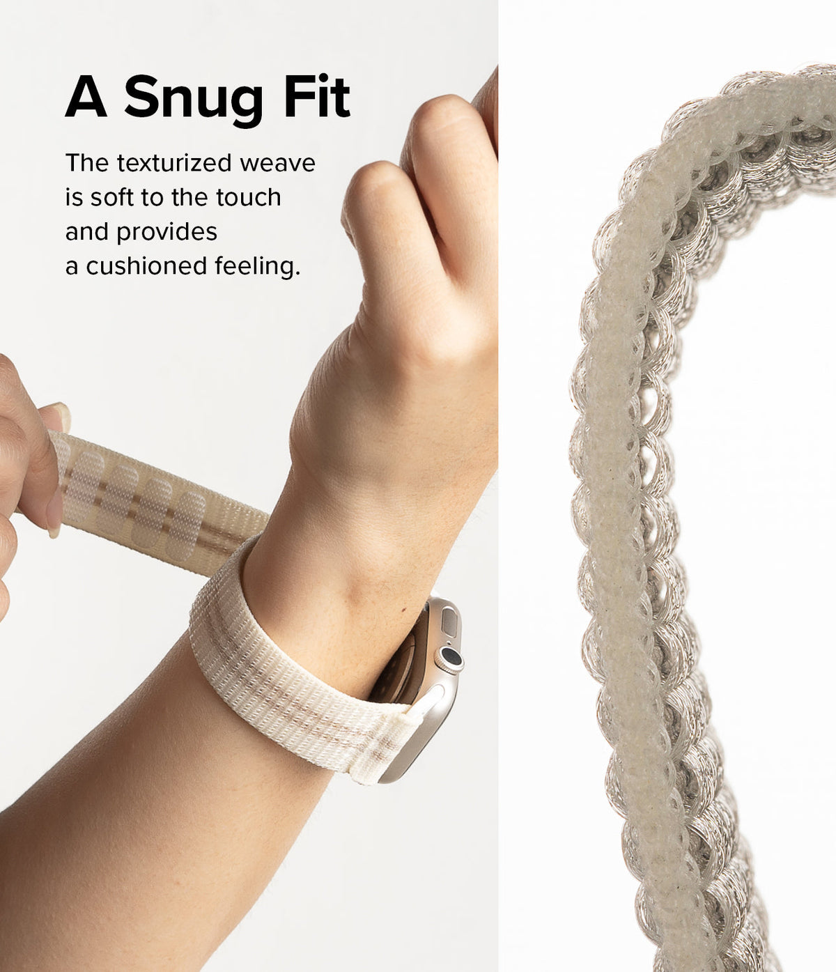 Apple Watch 42·41·40·38 mm | Sports Air Loop - A hand adjusting a textured, cushioned beige watch band on a wrist.