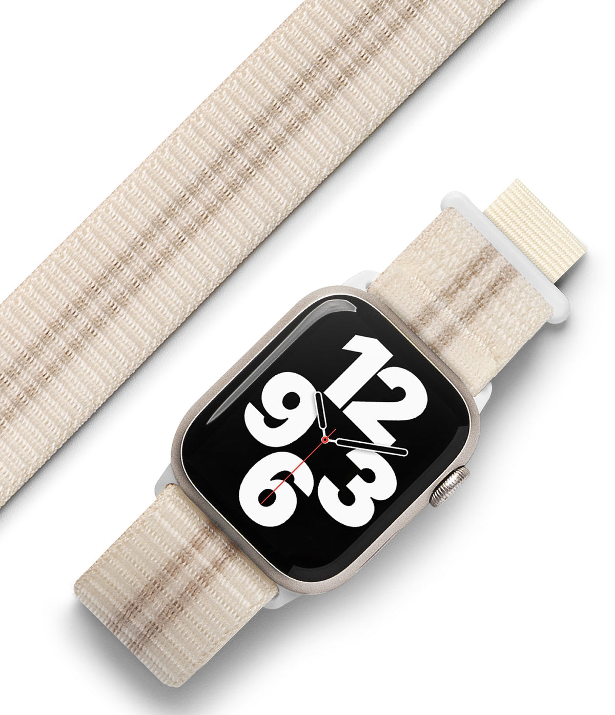 Apple Watch 42·41·40·38 mm | Sports Air Loop - Cream-colored woven nylon watch band attached to an Apple Watch.