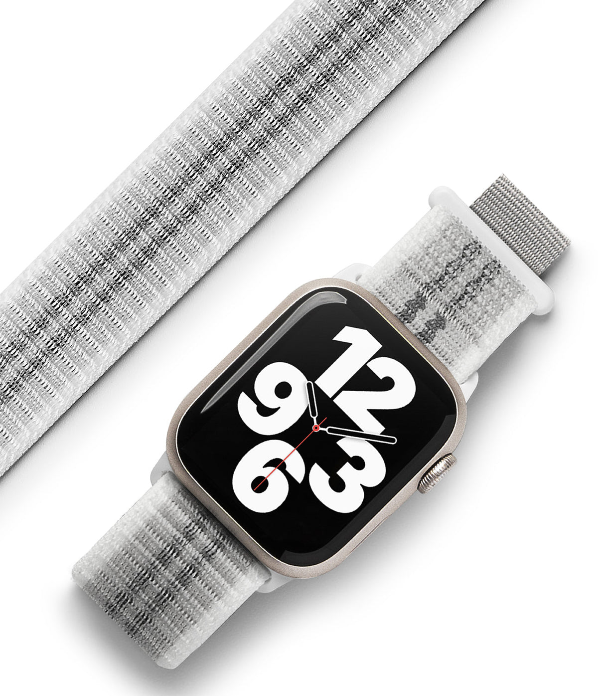 Apple Watch 42·41·40·38 mm | Sports Air Loop - Apple Watch with a white and grey textured fabric band on a white background.