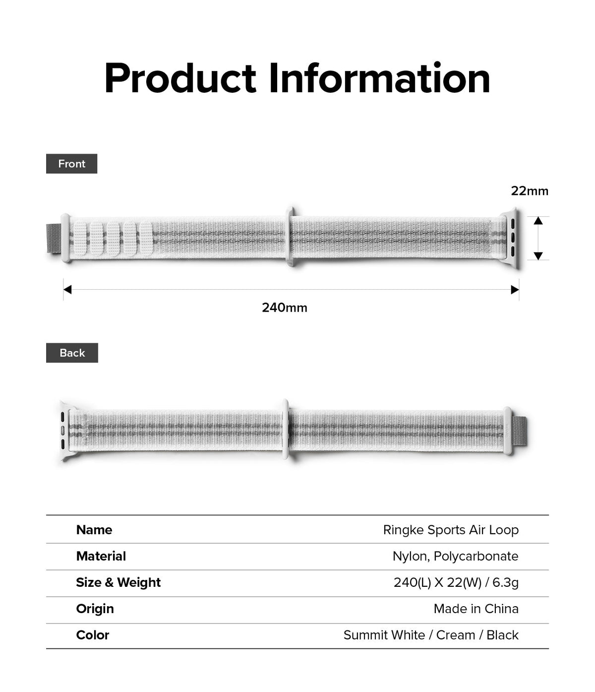 Apple Watch 42·41·40·38 mm | Sports Air Loop - Technical diagram showing front and back views of a white nylon watch band.