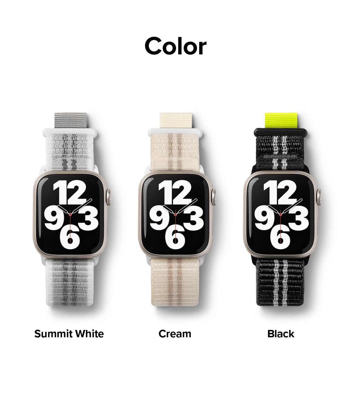 Apple Watch 42·41·40·38 mm | Sports Air Loop - Three Apple Watches with Summit White, Cream, and Black striped bands.
