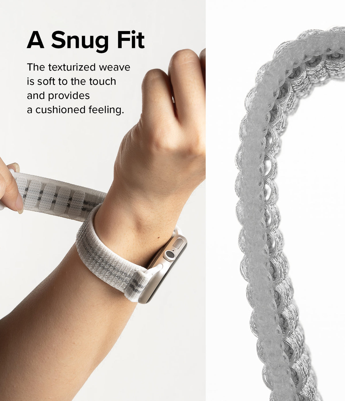 Apple Watch 42·41·40·38 mm | Sports Air Loop - A hand adjusting a white, textured, woven watch strap on a wrist.