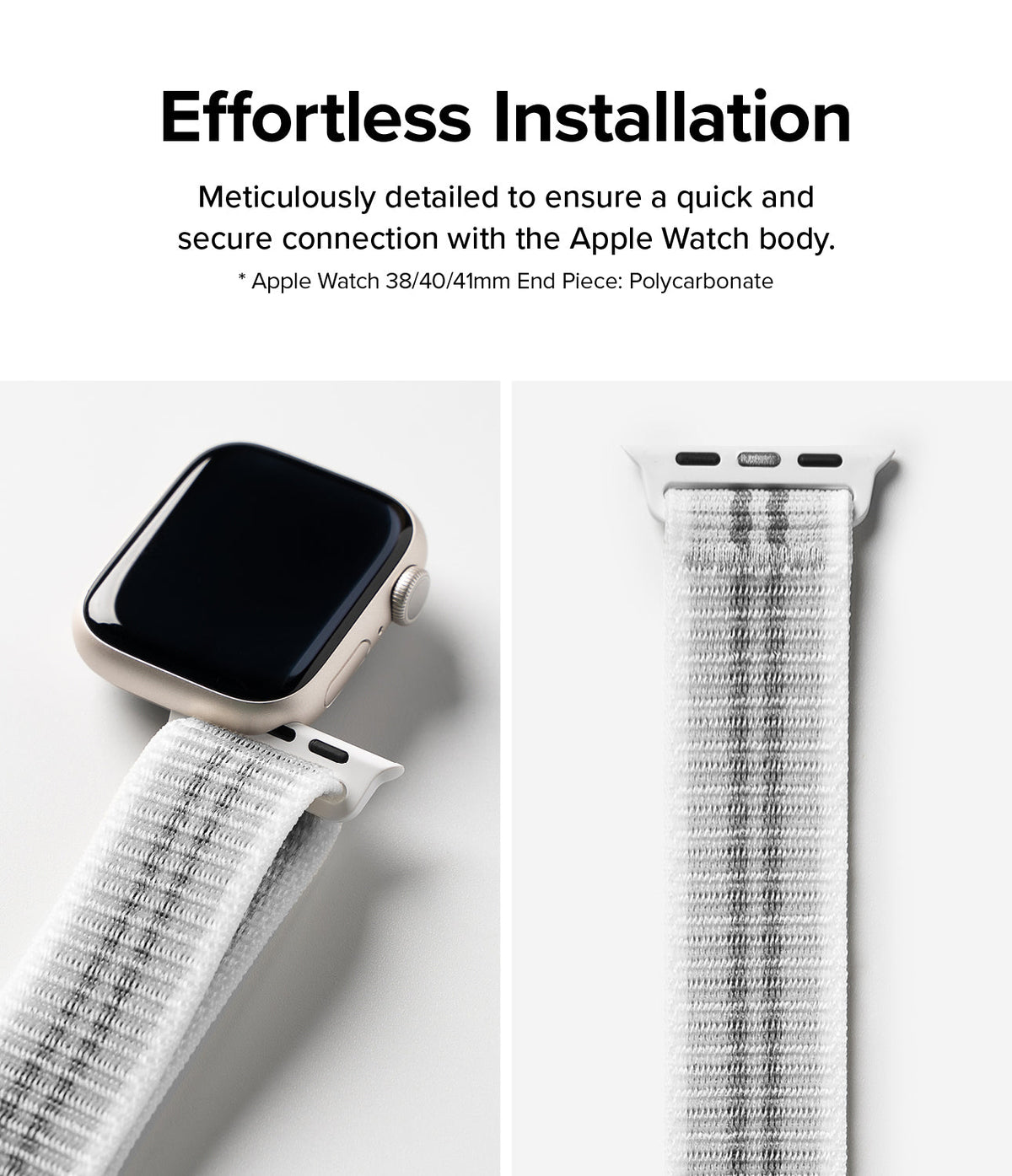 Apple Watch 42·41·40·38 mm | Sports Air Loop - White woven watch band attaching to an Apple Watch case.