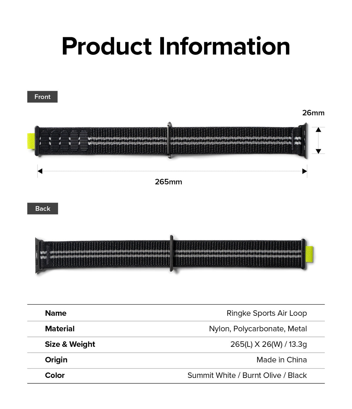 Apple Watch 49·46·45·44·42 mm | Sports Air Loop - Apple Watch Sports Air Loop - Front and back views of a black nylon watch band with dimensions and product specifications.