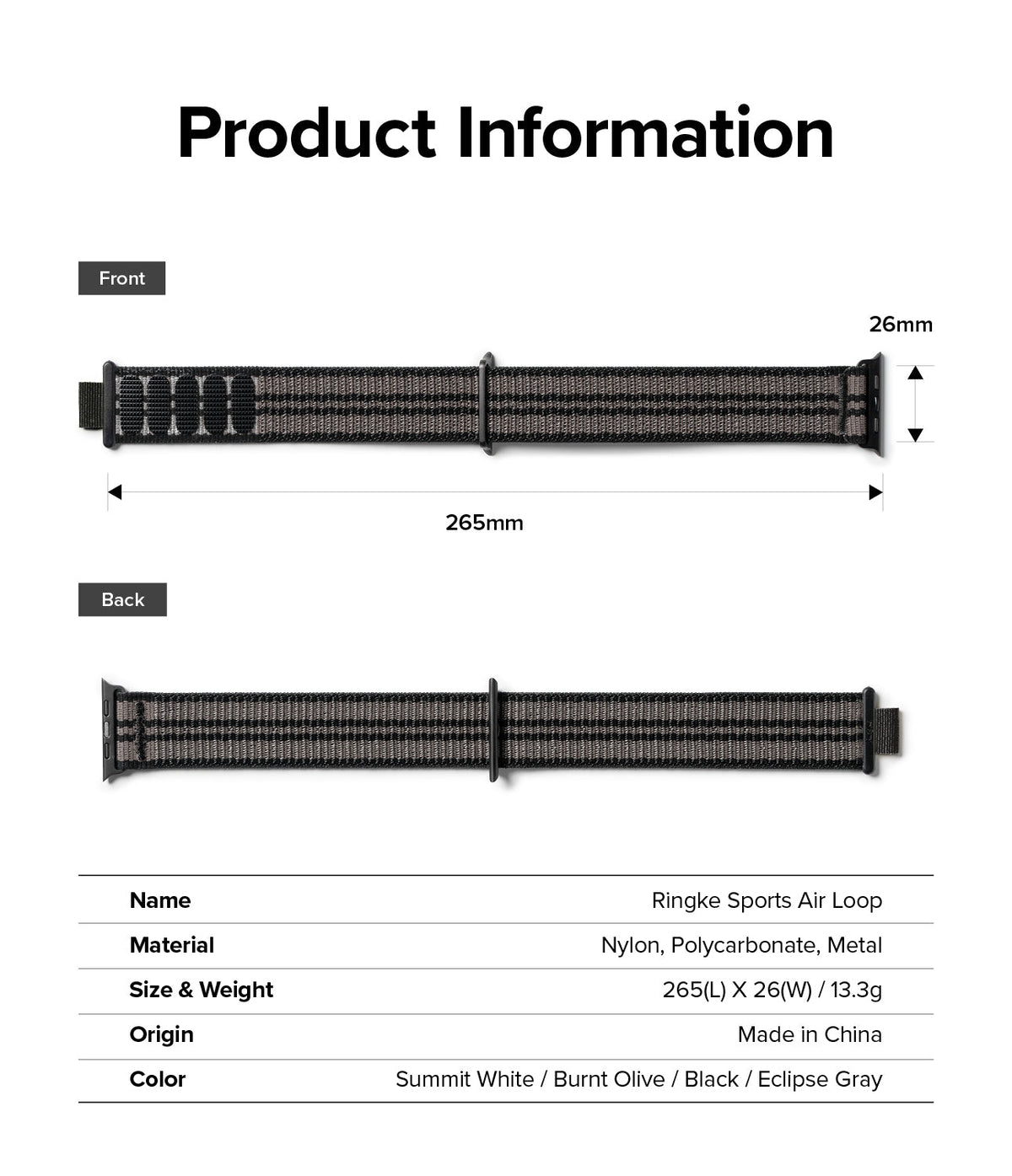 Apple Watch 49·46·45·44·42 mm | Sports Air Loop - Front and back views of a striped gray nylon watch band with dimensions.
