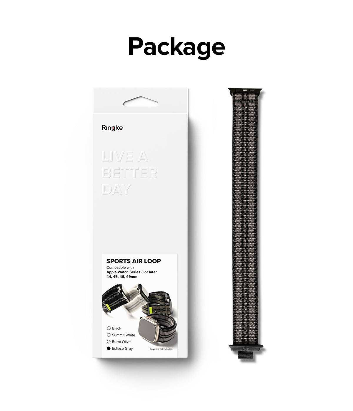 Apple Watch 49·46·45·44·42 mm | Sports Air Loop - Ringke packaging box next to a textured black Sports Air Loop watch band.