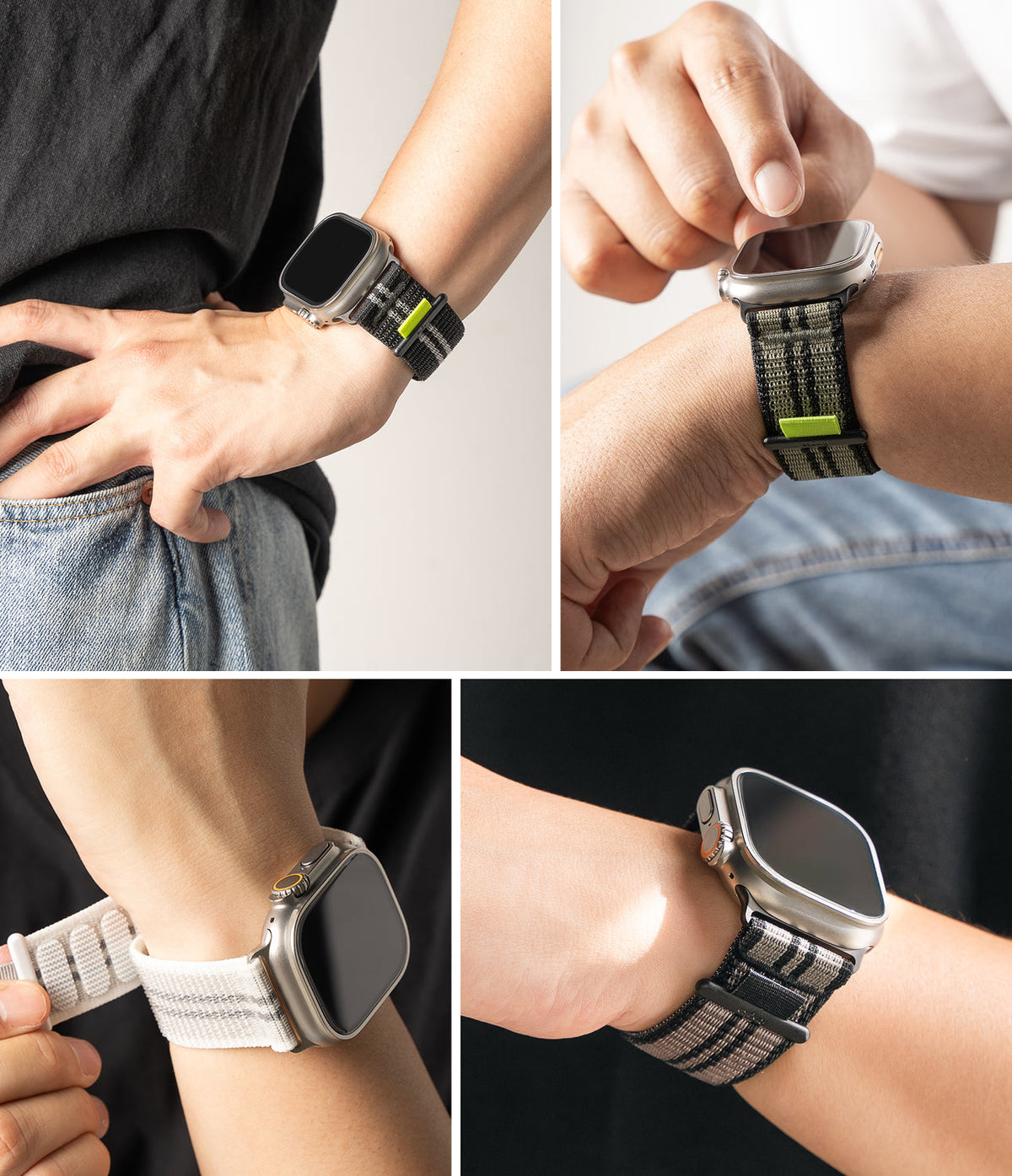 Apple Watch 49·46·45·44·42 mm | Sports Air Loop - Four close-up views of an Apple Watch with striped nylon sport bands.
