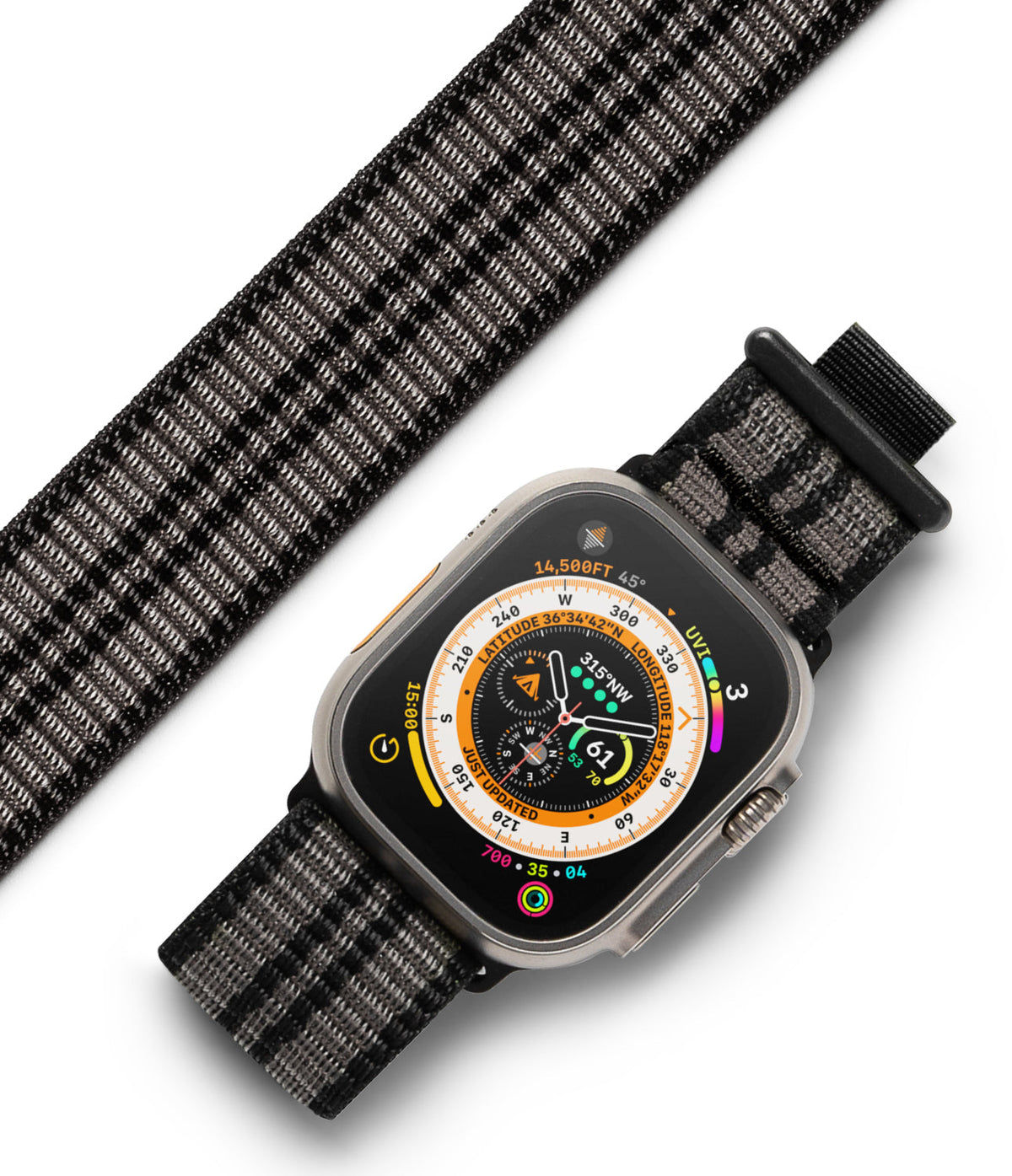 Apple Watch 49·46·45·44·42 mm | Sports Air Loop - Apple Watch Ultra with a textured Eclipse Gray woven nylon band.