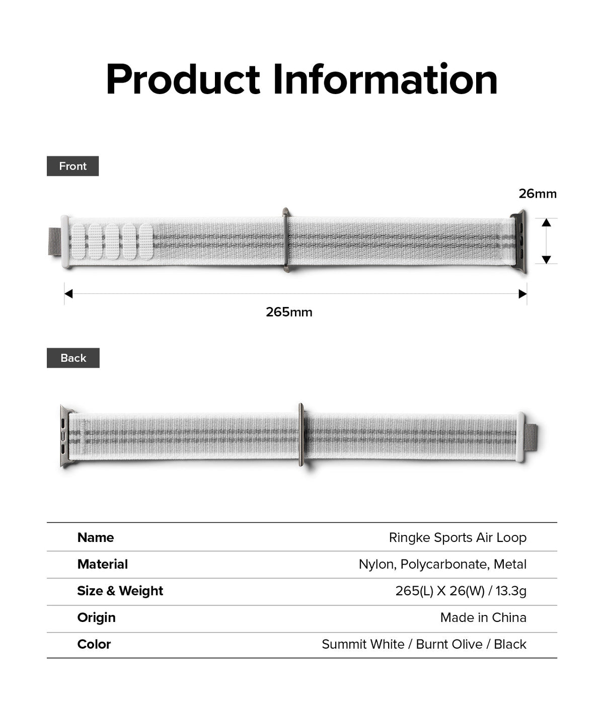 Apple Watch 49·46·45·44·42 mm | Sports Air Loop - Technical diagram showing dimensions and specs for a white nylon watch band.