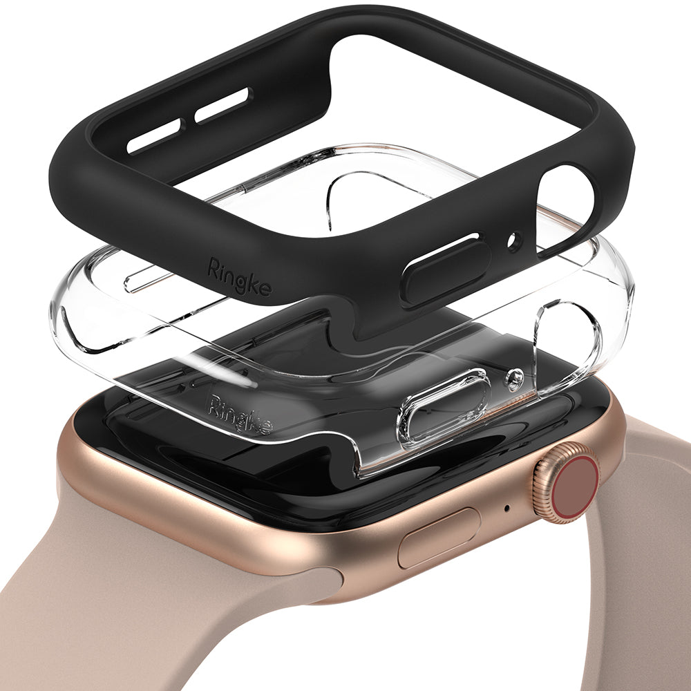 Apple Watch Series 6 / 5 / 4 / SE (44mm) Case | Slim (2 Pack) - Apple Watch Series 6 / 5 / 4 / SE (44mm) Case | Slim (2 Pack) - Black and clear protective cases stacked above a gold watch.