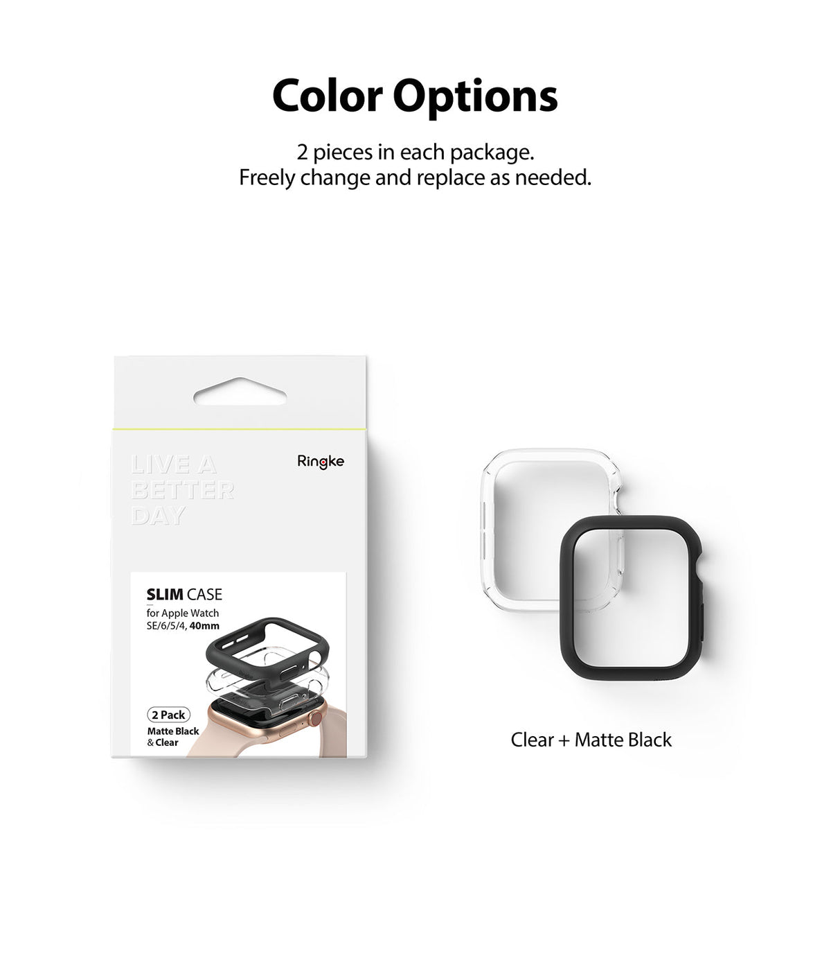 Apple Watch Series 6 / 5 / 4 / SE (40mm) Case | Slim (2 Pack) - Retail box with one clear and one matte black watch case.