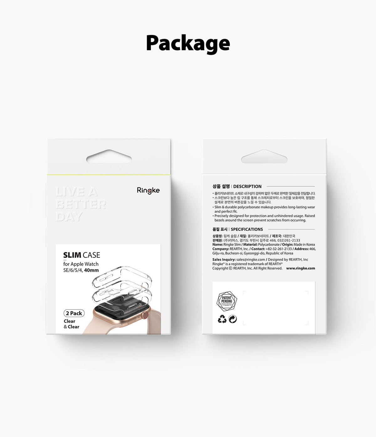 Apple Watch Series 6 / 5 / 4 / SE (40mm) Case | Slim (2 Pack) - Front and back view of Ringke slim case retail packaging.