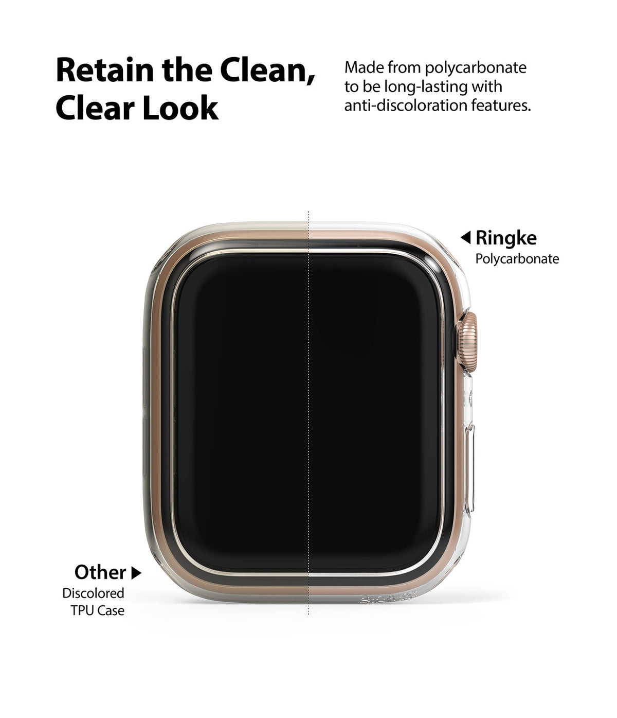 Apple Watch Series 6 / 5 / 4 / SE (44mm) Case | Slim (2 Pack) - Apple Watch Series 6 / 5 / 4 / SE (44mm) Case - Comparison of clear Ringke polycarbonate vs. discolored TPU case.