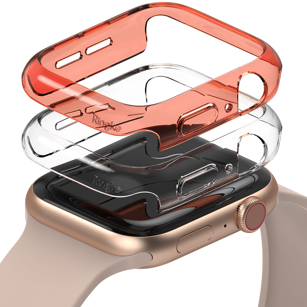 Apple Watch Series 6 / 5 / 4 / SE (40mm) Case | Slim (2 Pack) - Two transparent protective cases stacked above an Apple Watch.