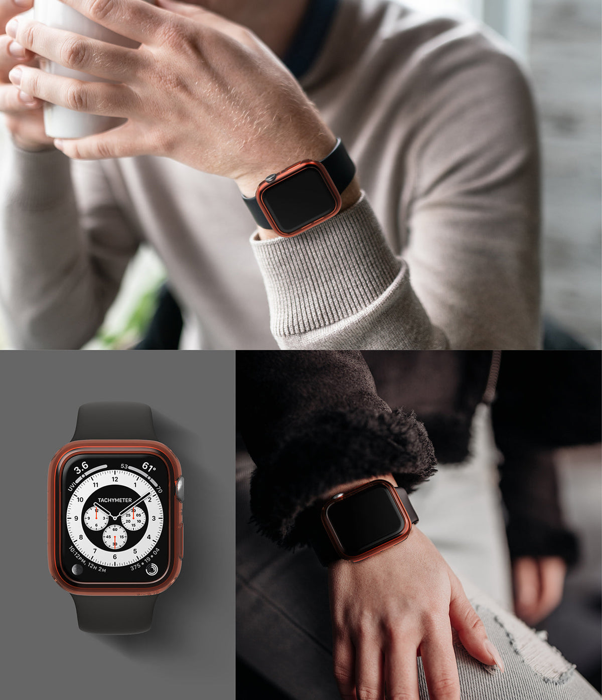 Apple Watch Series 6 / 5 / 4 / SE (40mm) Case | Slim (2 Pack) - Close-ups of a slim, translucent red Apple Watch case.