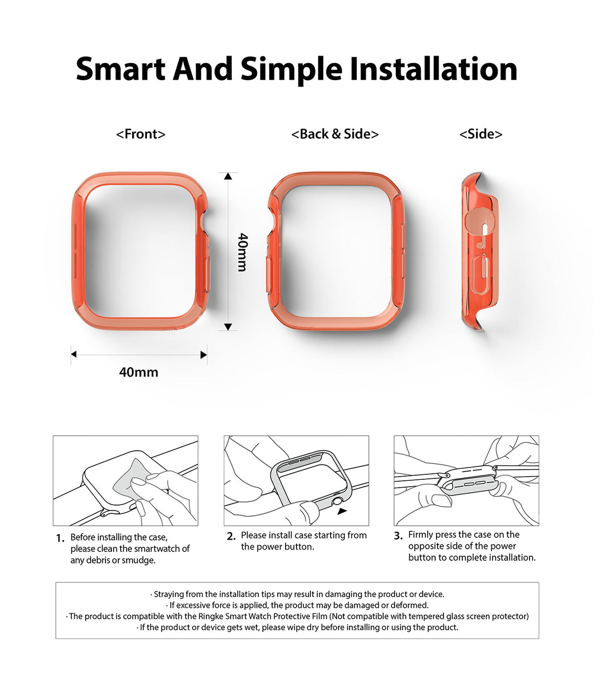 Apple Watch Series 6 / 5 / 4 / SE (40mm) Case | Slim (2 Pack) - Apple Watch Series 6 / 5 / 4 / SE (40mm) Case - Diagrams showing 40mm clear watch case dimensions and installation steps.