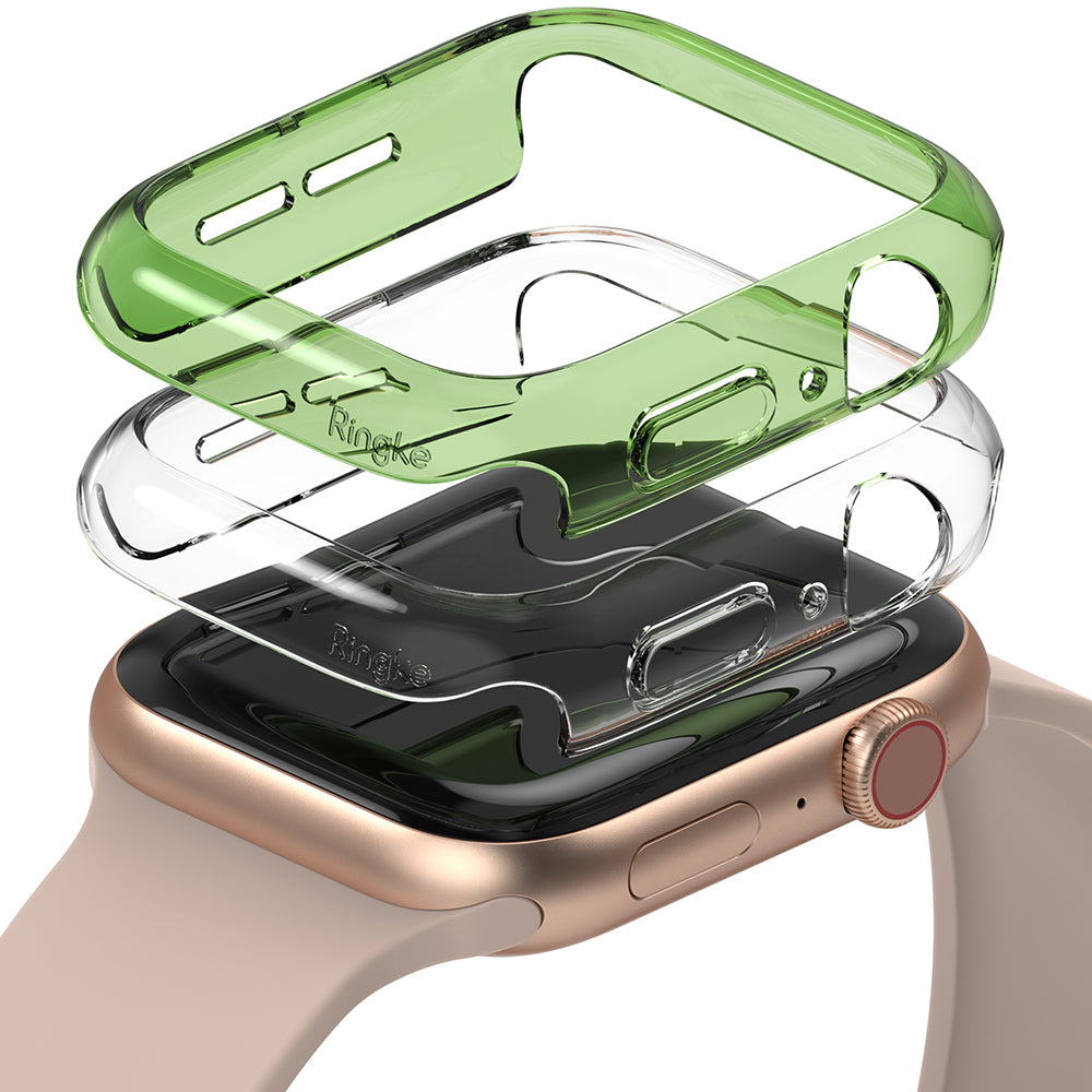 Apple Watch Series 6 / 5 / 4 / SE (40mm) Case | Slim (2 Pack) - Two transparent slim cases, one green and one clear, hovering above a gold Apple Watch.