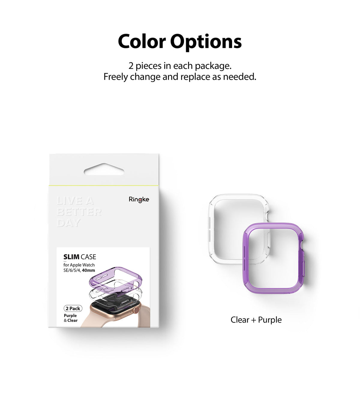 Apple Watch Series 6 / 5 / 4 / SE (40mm) Case | Slim (2 Pack) - Retail packaging and one clear and one purple case.