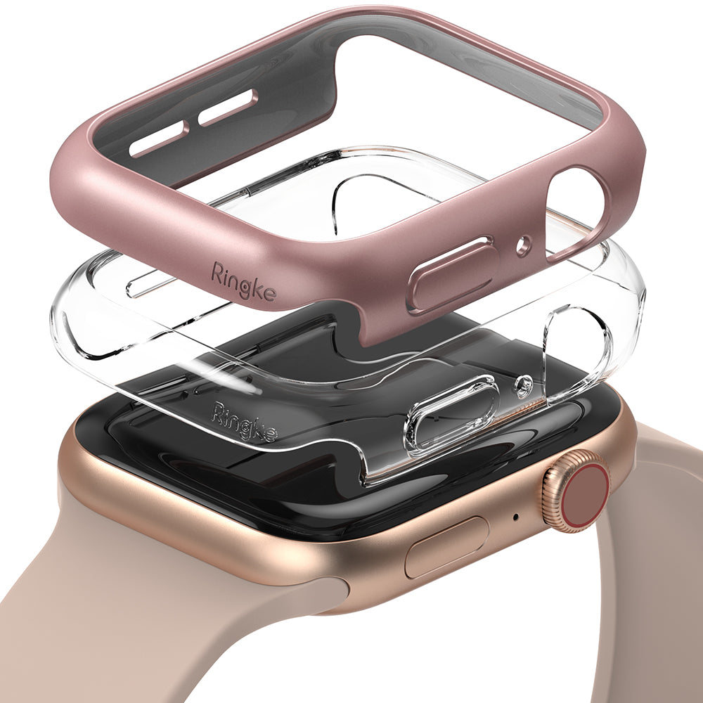 Apple Watch Series 6 / 5 / 4 / SE (40mm) Case | Slim (2 Pack) - Rose gold and clear protective watch cases stacked above.