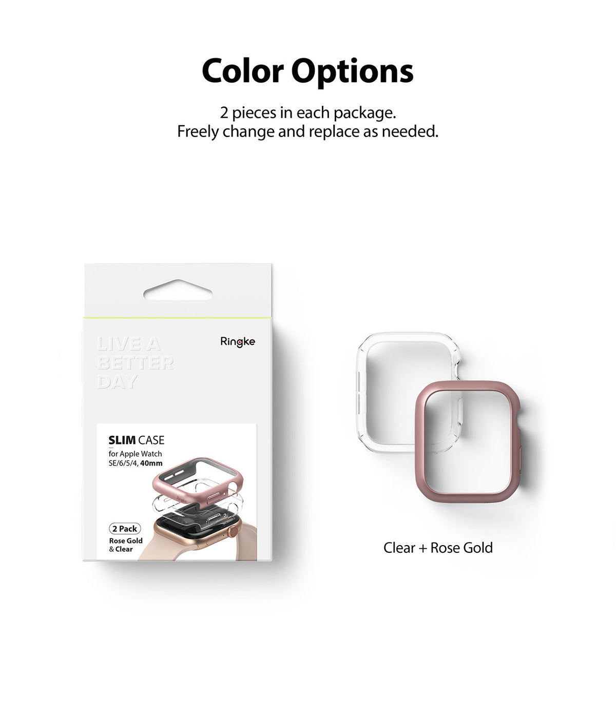 Apple Watch Series 6 / 5 / 4 / SE (40mm) Case | Slim (2 Pack) - Retail box and two slim watch cases in clear and rose gold.