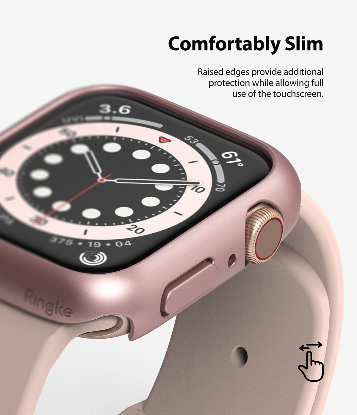 Apple Watch Series 6 / 5 / 4 / SE (40mm) Case | Slim (2 Pack) - Apple Watch Slim Case - Rose gold protective case on an Apple Watch with a light pink band and raised screen edges.