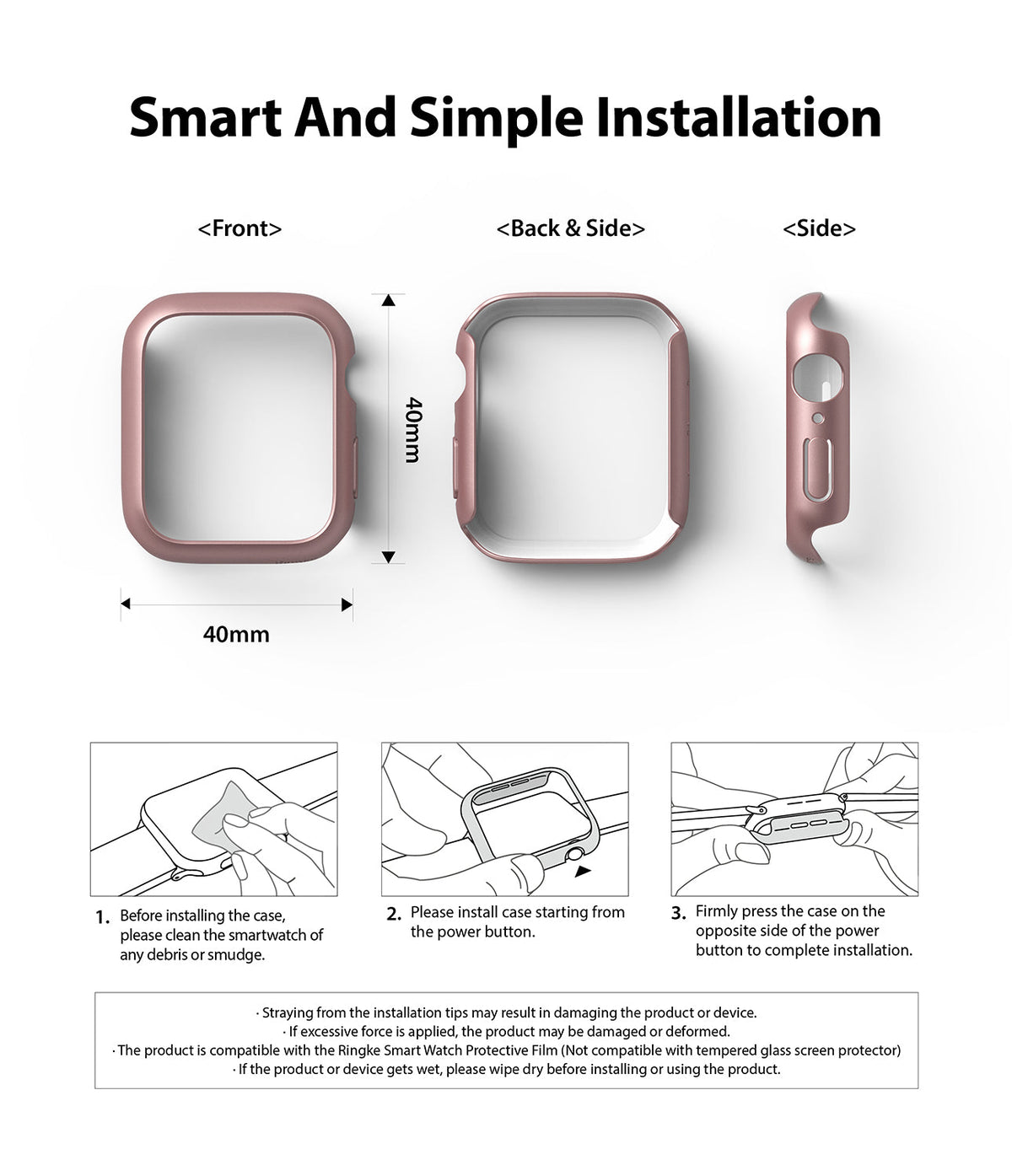 Apple Watch Series 6 / 5 / 4 / SE (40mm) Case | Slim (2 Pack) - Rose gold 40mm watch case views and installation guide.
