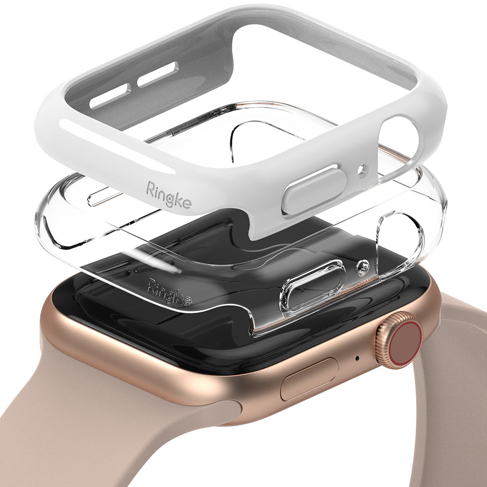 Apple Watch Series 6 / 5 / 4 / SE (40mm) Case | Slim (2 Pack) - White and clear protective cases hovering over a gold watch.