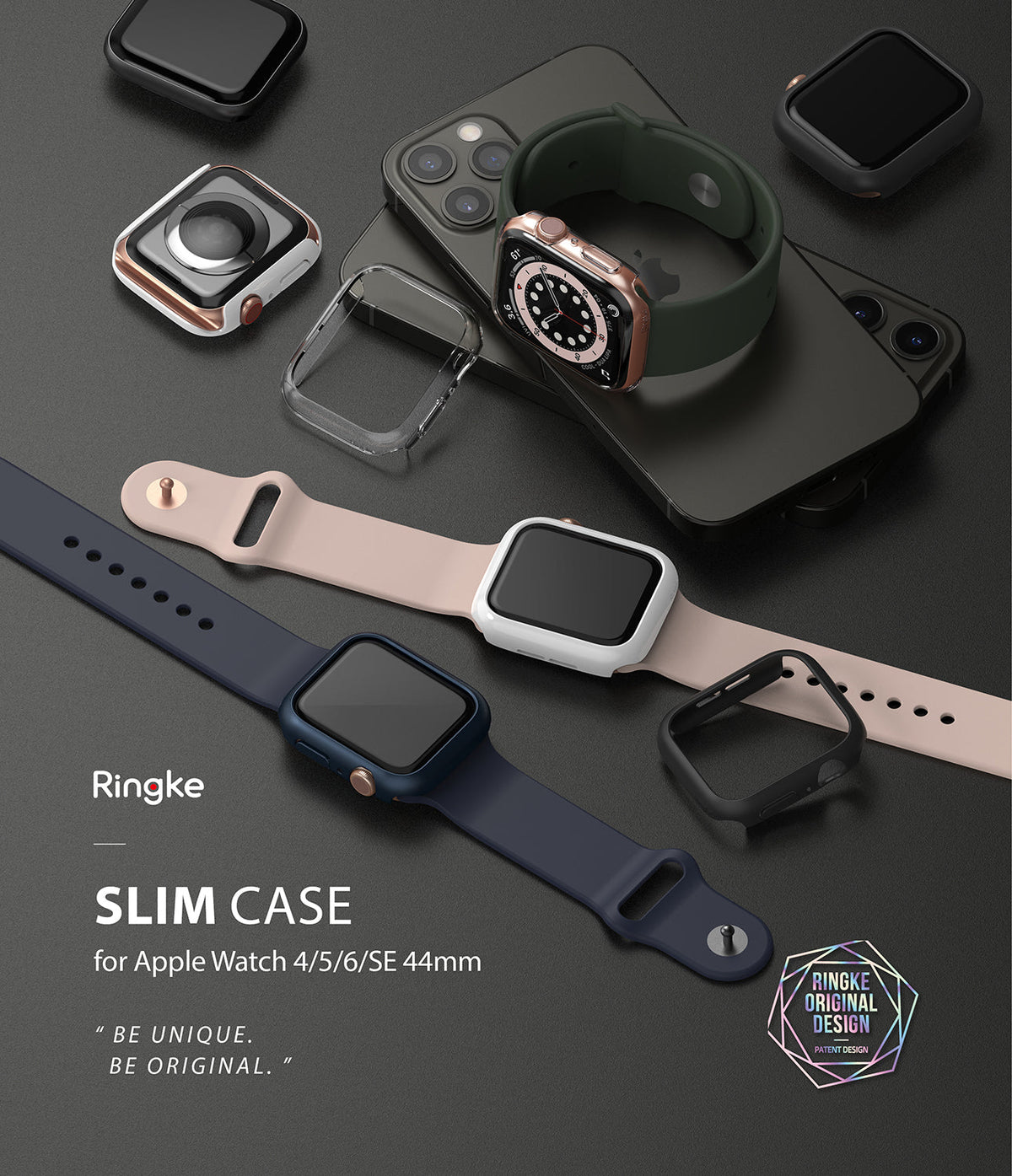 Apple Watch Series 6 / 5 / 4 / SE (44mm) Case | Slim (2 Pack) - Apple Watch Series 6 / 5 / 4 / SE (44mm) Case | Slim (2 Pack) - Assorted slim protective cases for Apple Watch on a desk.