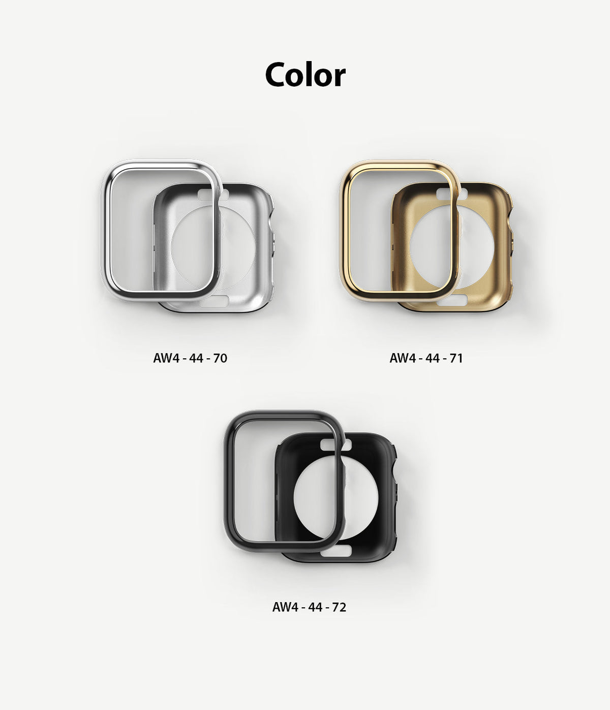 Apple Watch Series 6 / 5 / 4 / SE (44mm) | Full Frame - Silver, gold, and black protective watch cases on white.
