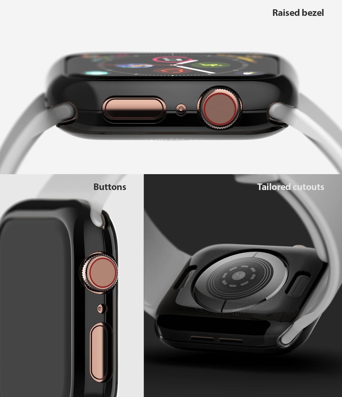 Apple Watch Series 6 / 5 / 4 / SE (44mm) | Full Frame - Close-up views of a black protective watch case showing raised bezels, button access, and precise cutouts.