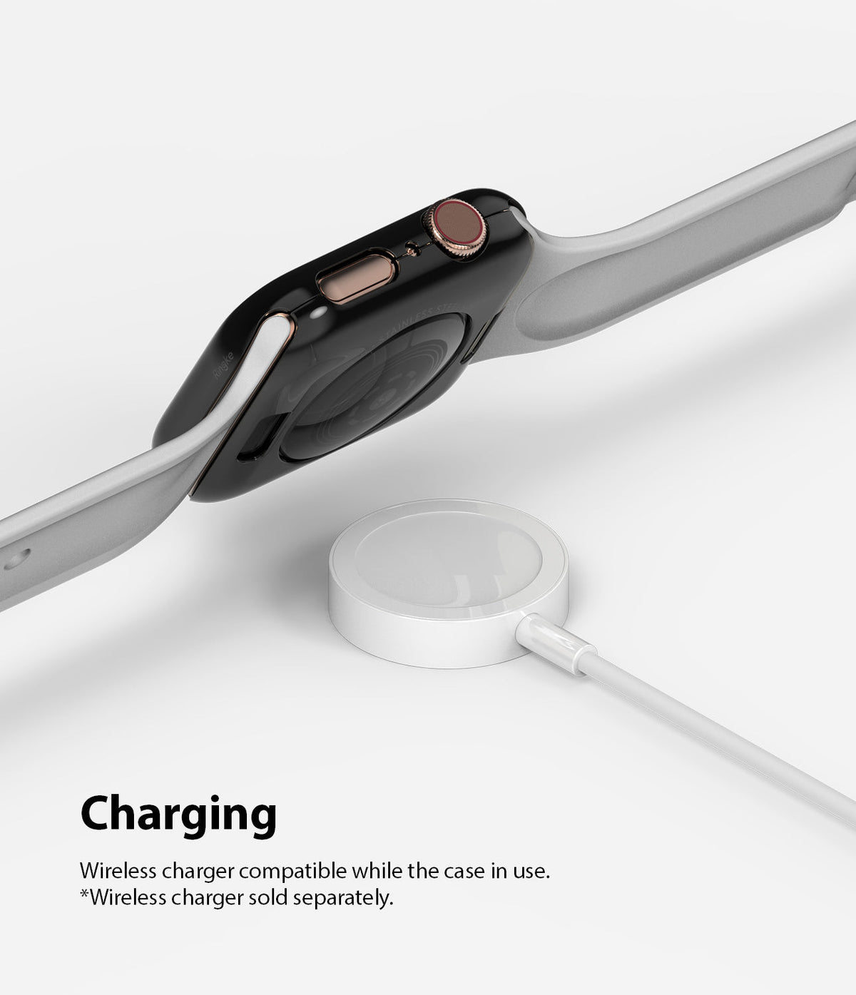 Apple Watch Series 6 / 5 / 4 / SE (44mm) | Full Frame - Black protective case on Apple Watch hovering over a charger.