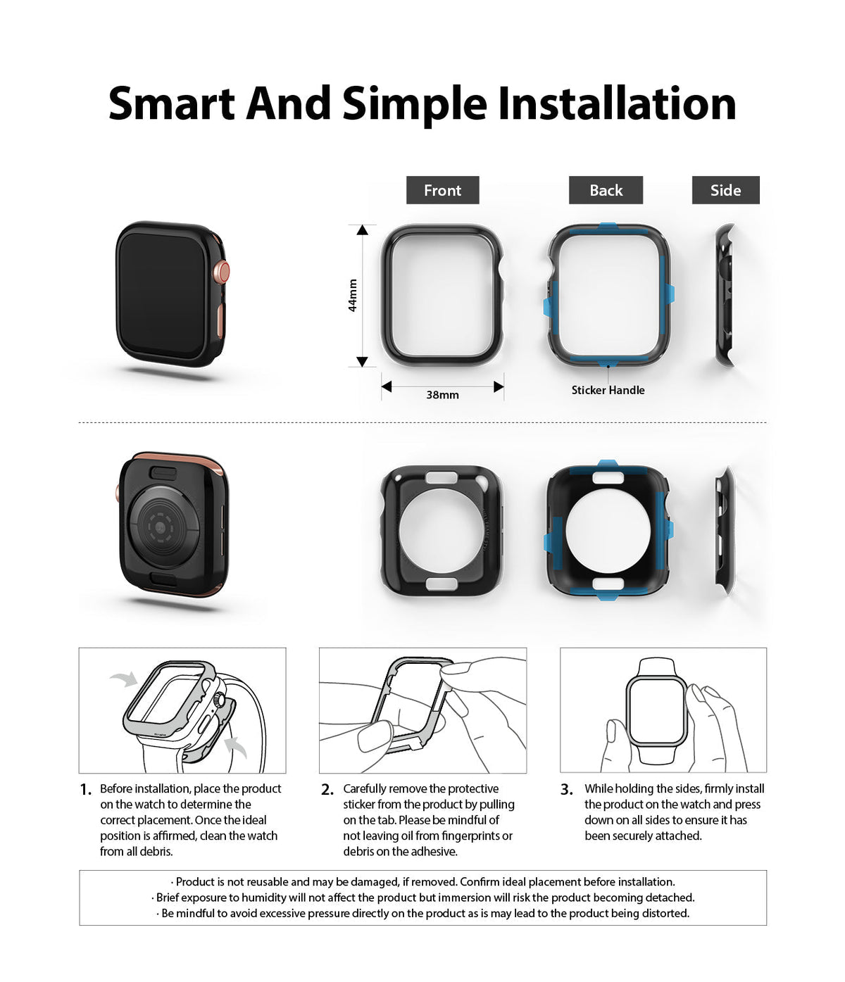 Apple Watch Series 6 / 5 / 4 / SE (44mm) | Full Frame - Instructional diagram showing protective frame installation.