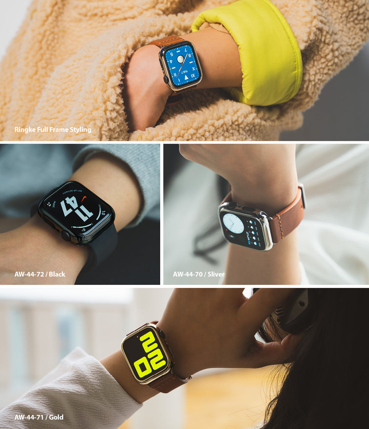 Apple Watch Series 6 / 5 / 4 / SE (44mm) | Full Frame - Four views of Apple Watches with protective frame covers.