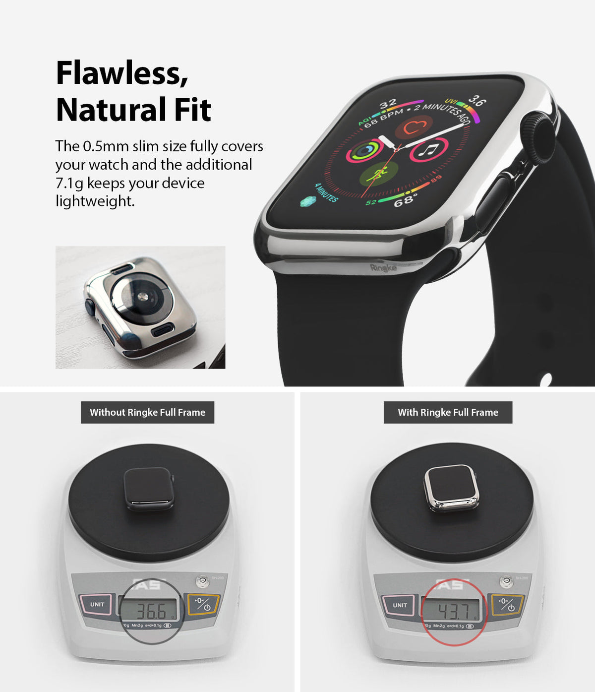 Apple Watch Series 6 / 5 / 4 / SE (44mm) | Full Frame - Slim silver watch cover shown on a scale, comparing weights.
