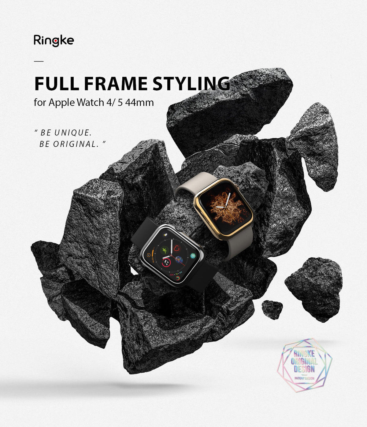 Apple Watch Series 6 / 5 / 4 / SE (44mm) | Full Frame - Two Apple Watches with protective frames floating among jagged black rocks.