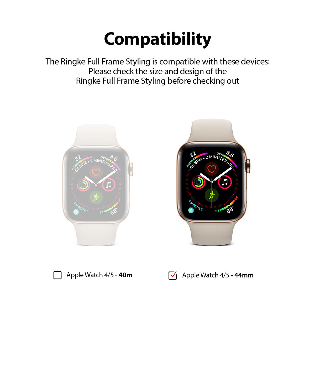 Apple Watch Series 6 / 5 / 4 / SE (44mm) | Full Frame - Comparison of 40mm and 44mm Apple Watches with a checkmark on 44mm.