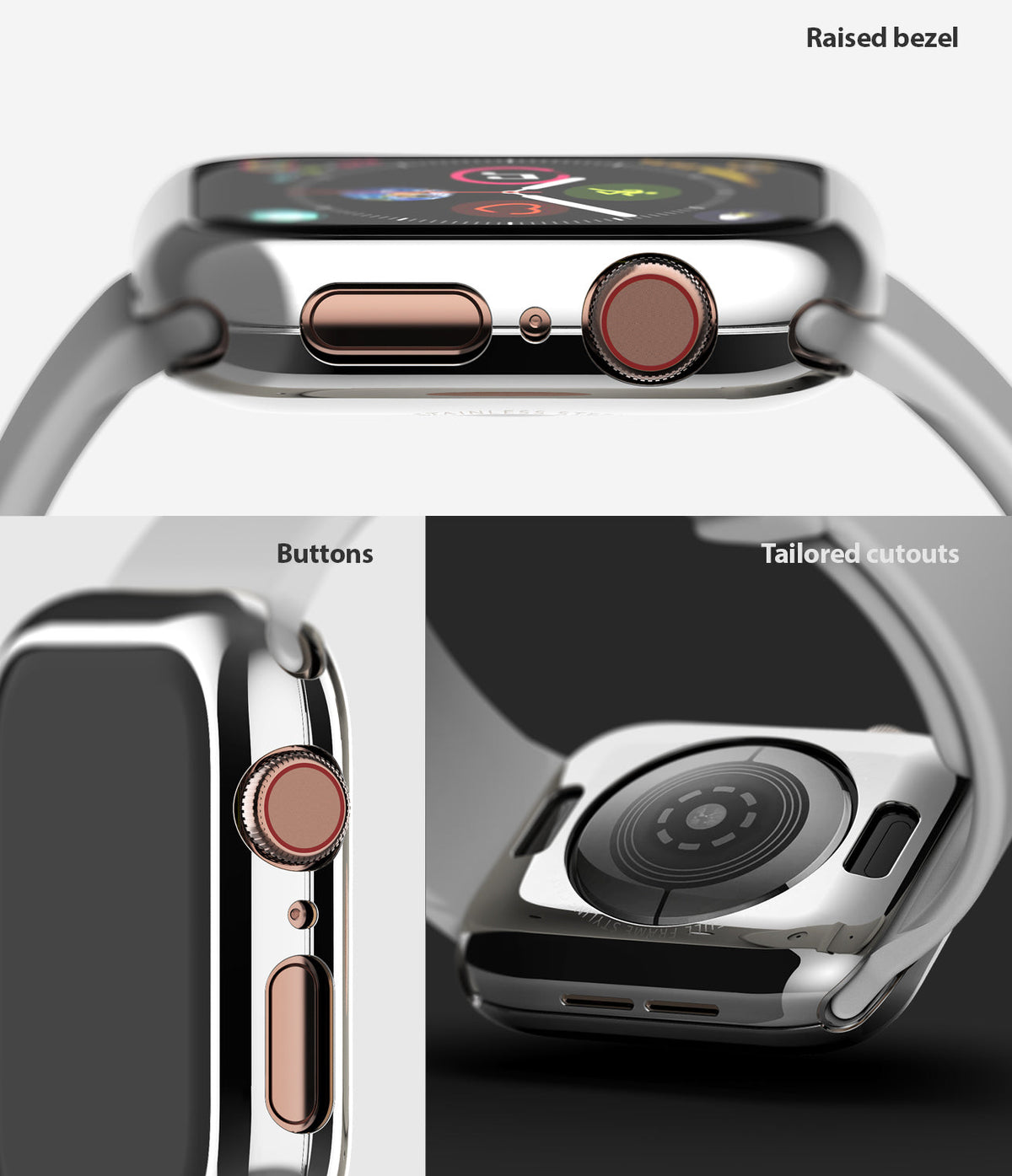 Apple Watch Series 6 / 5 / 4 / SE (44mm) | Full Frame - Chrome watch case showing raised bezel, buttons, and cutouts.