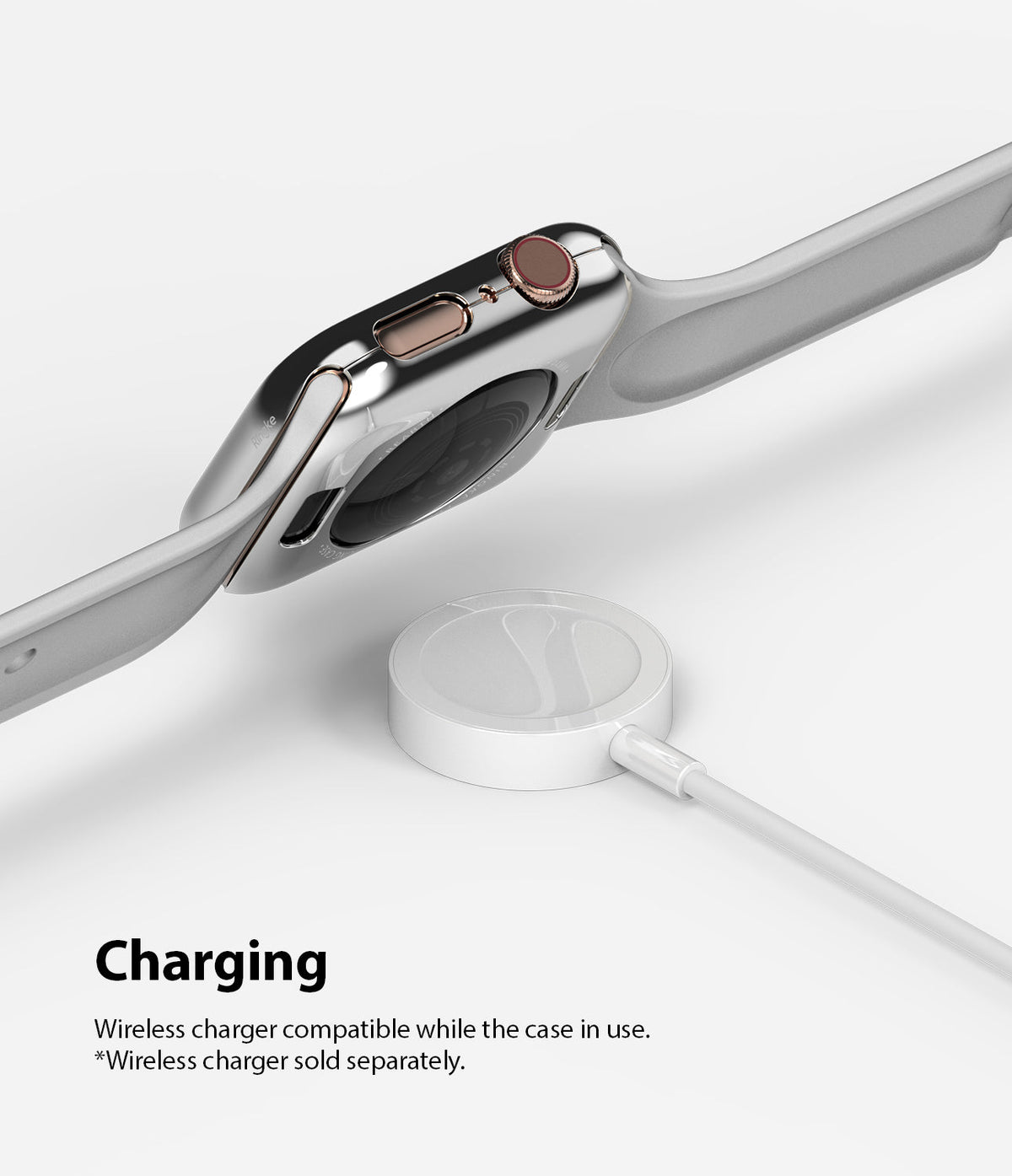 Apple Watch Series 6 / 5 / 4 / SE (44mm) | Full Frame - Silver Apple Watch with protective case hovering over a wireless charger.