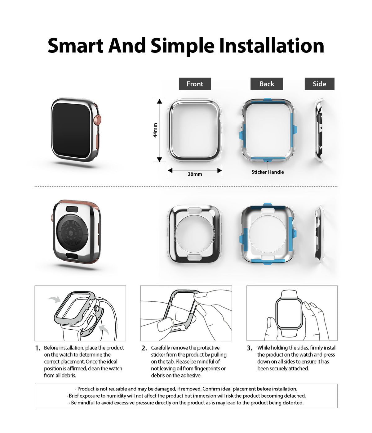 Apple Watch Series 6 / 5 / 4 / SE (44mm) | Full Frame - Installation guide showing product views and three steps.