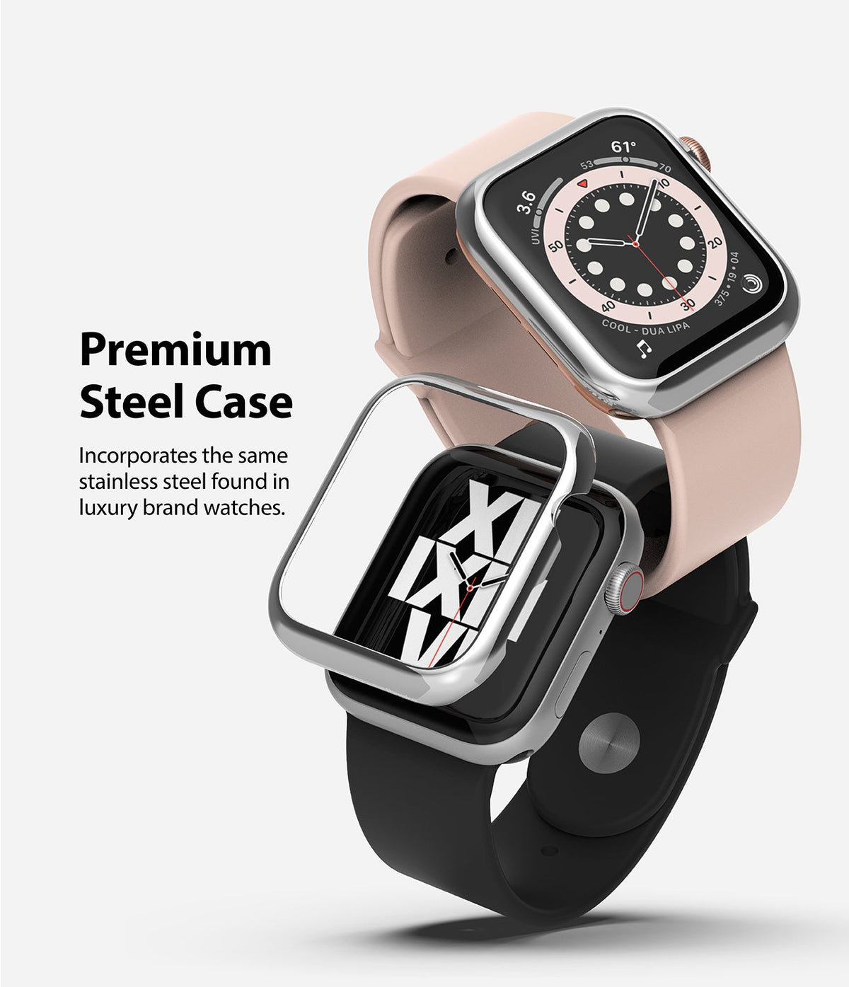 Apple Watch Series 6 / 5 / 4 / SE (44mm) | Bezel Styling - Two Apple Watches with stainless steel bezel covers.