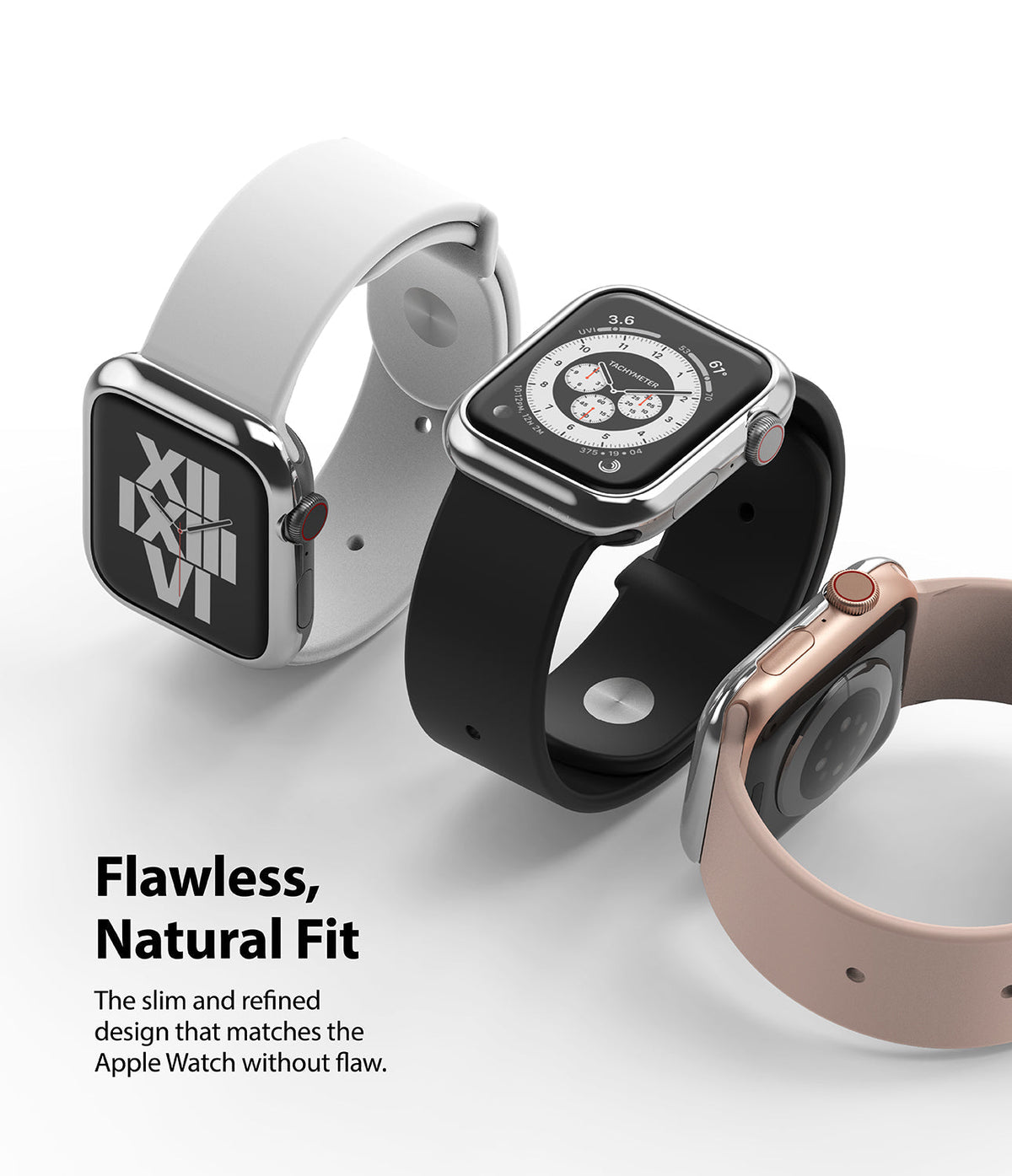 Apple Watch Series 6 / 5 / 4 / SE (44mm) | Bezel Styling - Three Apple Watches with metallic bezels and silicone bands.