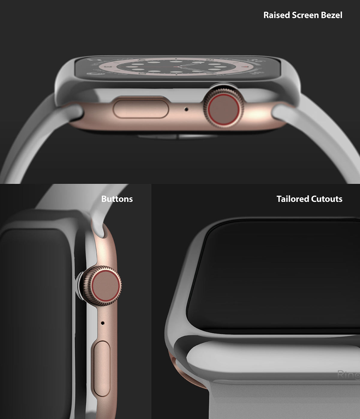 Apple Watch Series 6 / 5 / 4 / SE (44mm) | Bezel Styling - Close-up views of a rose gold watch case showing raised screen bezel, buttons, and precise cutouts.