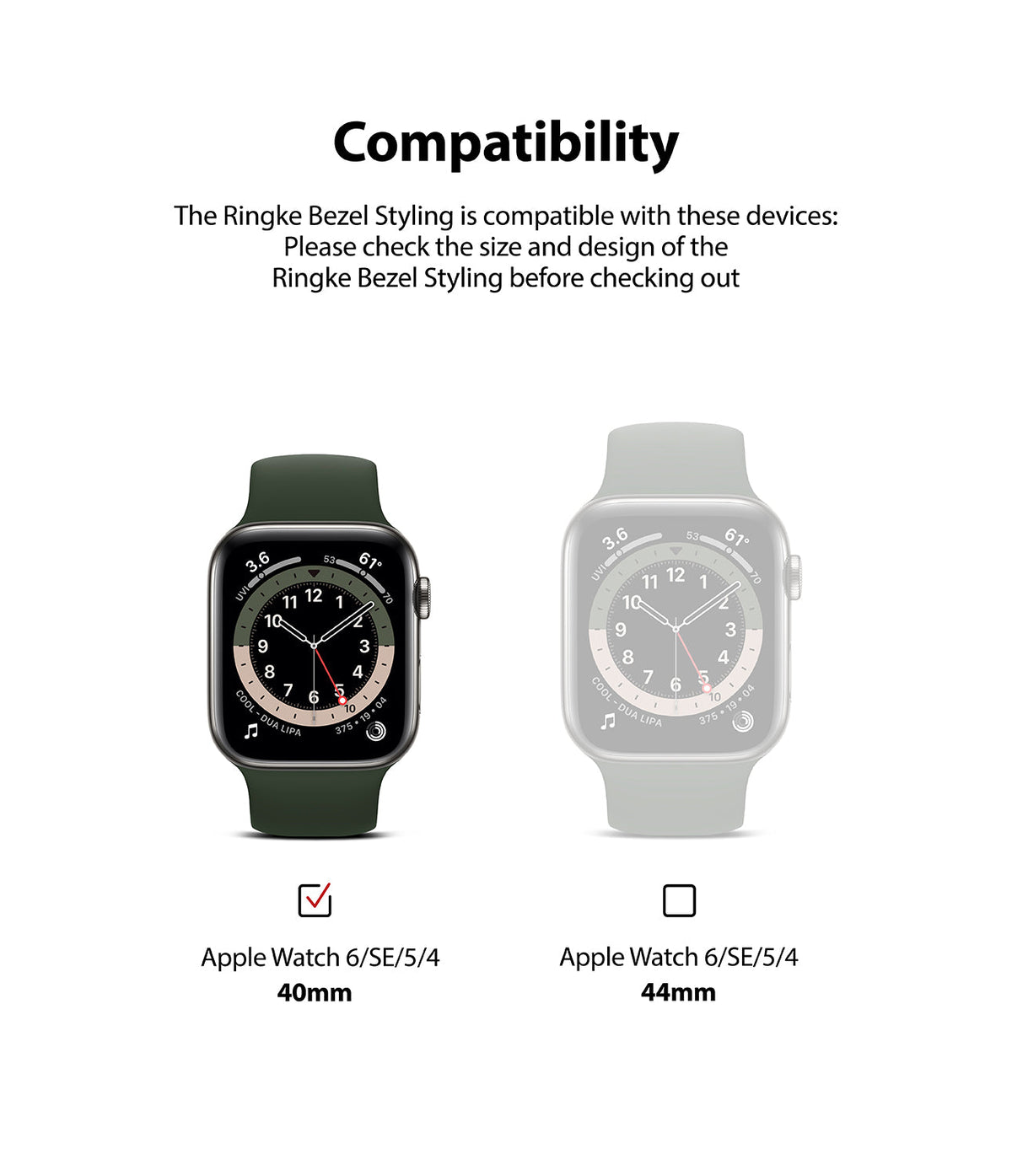 Apple Watch Series 6 / 5 / 4 / SE (40mm) | Premium Bezel Styling Silver + Black - Compatibility chart for 40mm vs 44mm watches.