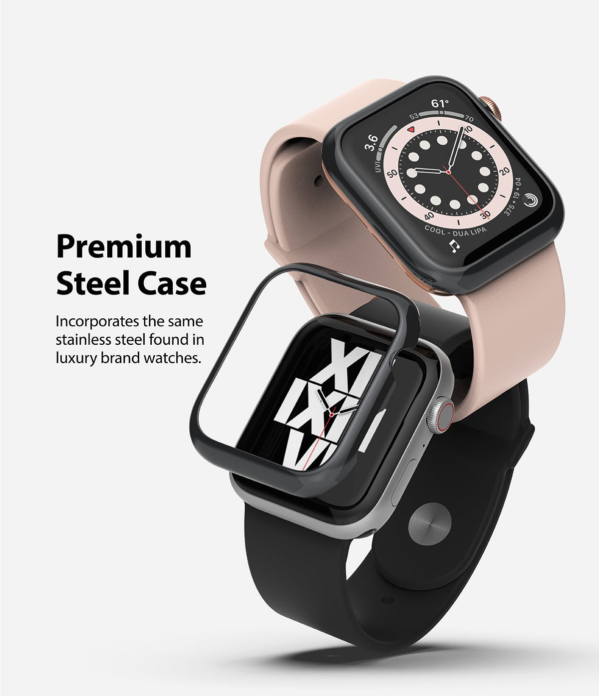 Apple Watch Series 6 / 5 / 4 / SE (40mm) | Bezel Styling - Two Apple Watches with black stainless steel bezels.