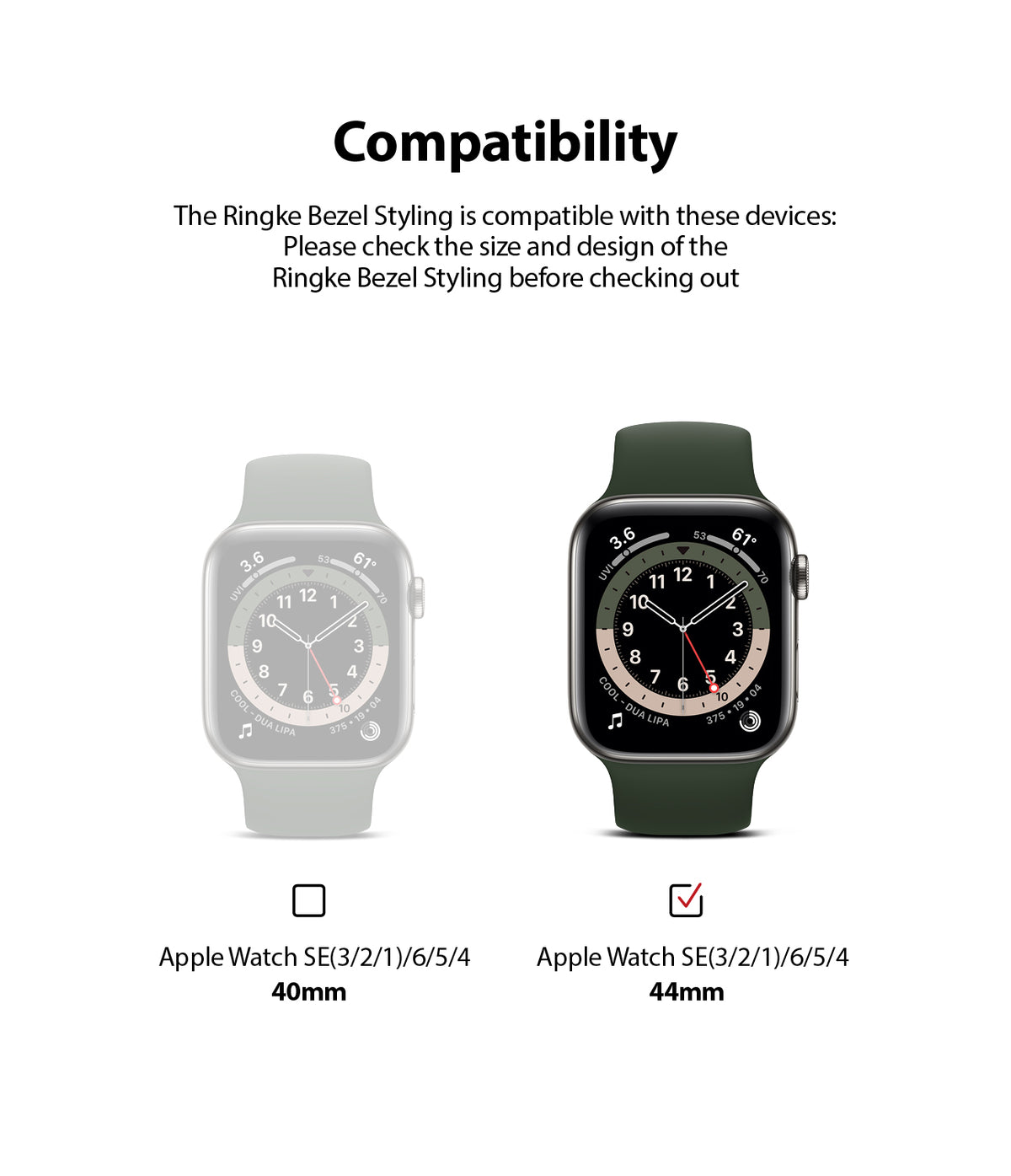 Apple Watch Series 6 / 5 / 4 / SE (44mm) | Bezel Styling - Comparison of 40mm and 44mm Apple Watches, highlighting 44mm.