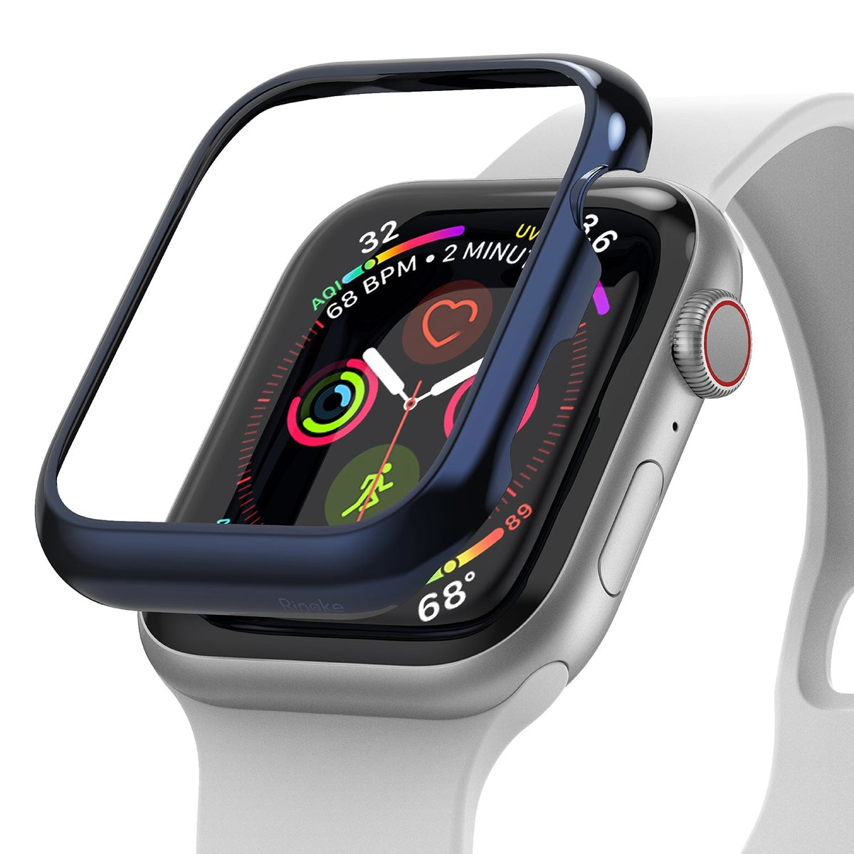 Apple Watch Series 6 / 5 / 4 / SE (44mm) | Bezel Styling - A glossy dark blue bezel cover hovering above an Apple Watch.