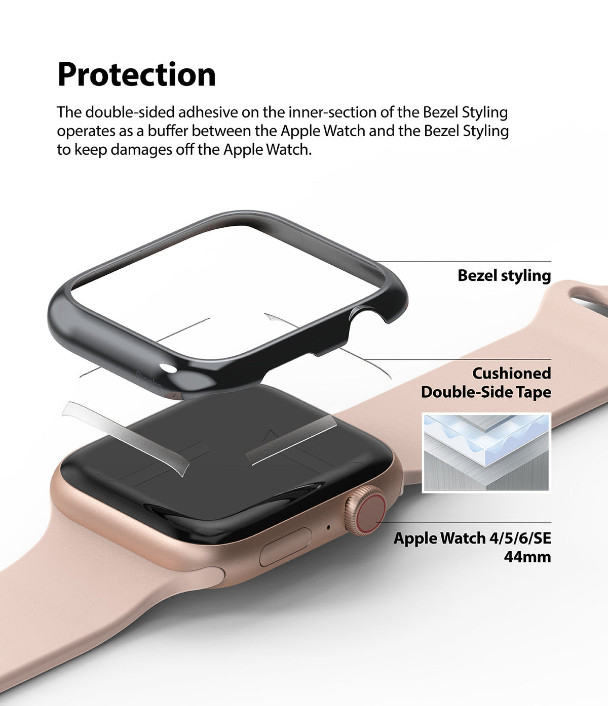 Apple Watch Series 6 / 5 / 4 / SE (44mm) | Bezel Styling - Exploded view showing a protective bezel hovering over an Apple Watch with adhesive tape.